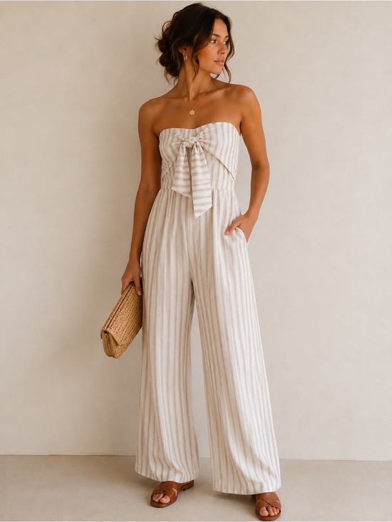 Abercrombie & Fitch Pants - Abercrombie & Fitch Strapless Linen-Blend Striped Wide-Leg Jumpsuit